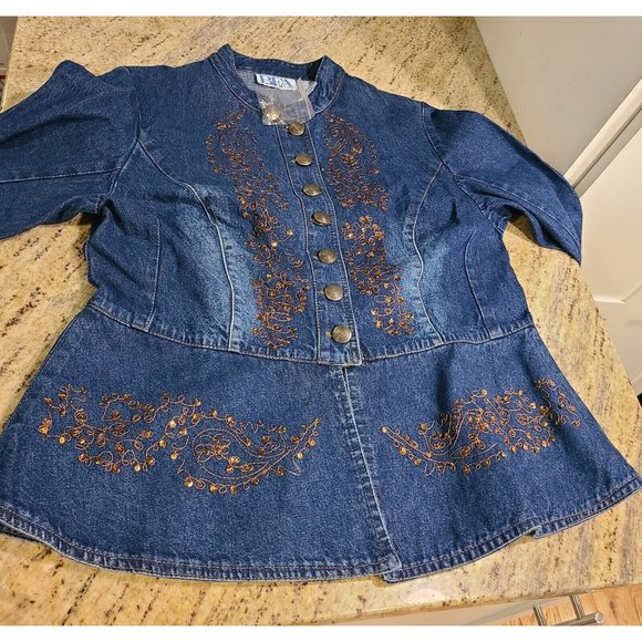 New! Vintage BEA Size 12P Jean Denim Shirt Blazer Gold Button Embroidered Sequin - Picture 9 of 12
